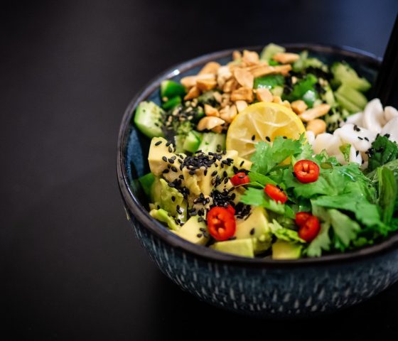 Miso brown rice & broccoli salad with fiery prawns
